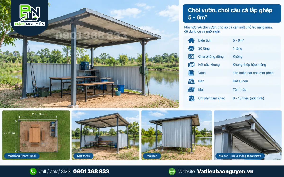 Mẫu chòi vườn, chòi câu cá lắp ghép 5-6m²