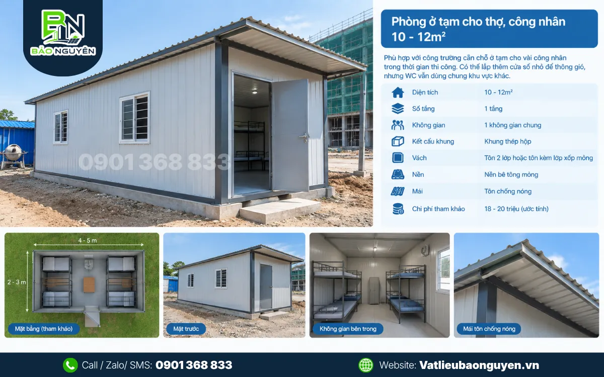 Mẫu phòng ở tạm cho thợ, công nhân 10-12m²