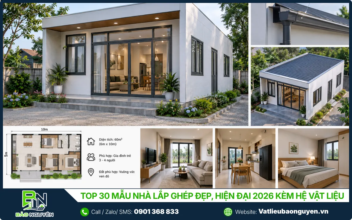 Nhà lắp ghép hiện đại mái bằng khối hộp 60m²